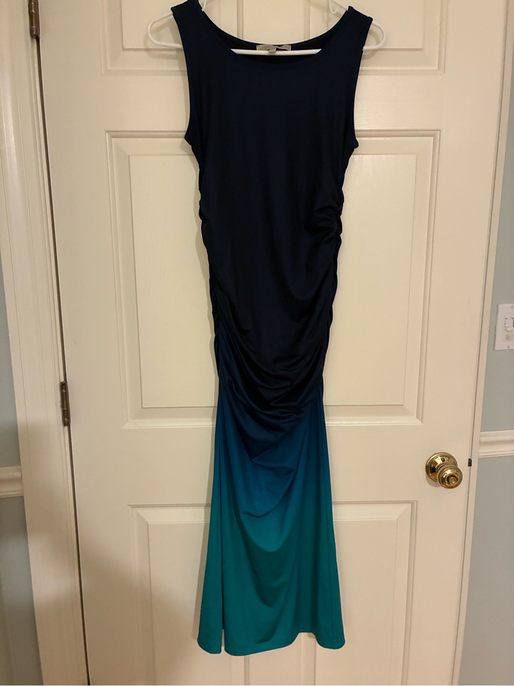 Sleeveless Navy to Teal Ombre Ruched Maternity Maxi Dress